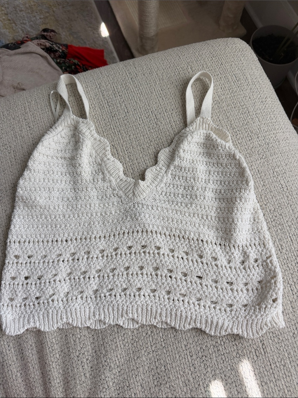 Cream Crochet V-Neck Knit Cami Tank Top